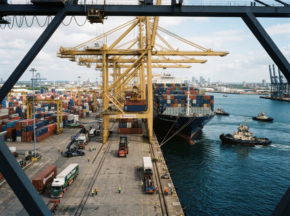 Ilustrasi terminal peti kemas dan kegiatan logistik maritim